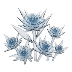 Photorealistic macro shot of intricate translucent crystalline blossoms with icy-blue petals, silver leaves, frosted glass stems on white background, concept of frozen ethereal beauty