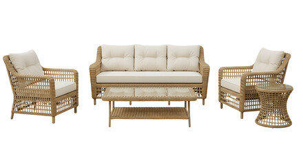 Rattan furniture set with sofa, chairs and table for outdoor living isolated PNG with Transparent Background