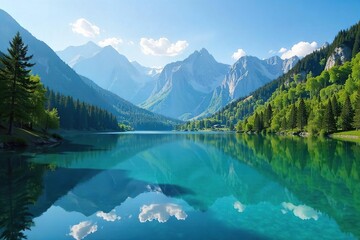 Serene landscape of a tranquil lake reflecting the surrounding trees and mountains under a clear blue sky Perfect for travel, nature, and serenity themes , view, trees, tranquil