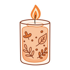 Hand-drawn autumn-themed candle with leaves and berries &ndash; stock vector flat illustration