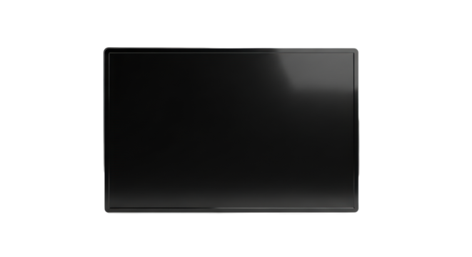 Empty, sleek, matte black digital display frame with ultra-thin bezel, isolated on a transparent, high-key studio background with copy space. Concept of advanced digital possibilities