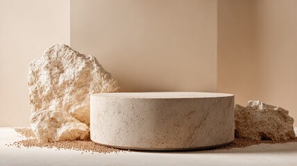 empty product podium with beige stone, on a clean light beige background, image with copyspace
