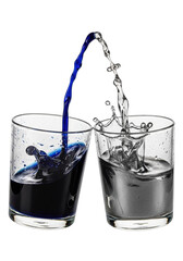 High-speed macro of two thick-walled glasses clinking, erupting indigo dye and quicksilver liquids, isolated on transparent copy space. Concept of scientific fluid dynamics