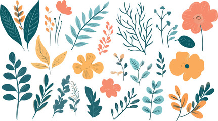 Obraz premium A vibrant collection of hand drawn botanical elements and floral illustrations in various colors