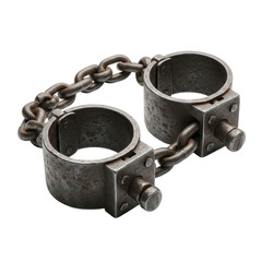 Aged wrought iron wrist shackles with dark oxidized patina, rust, and substantial chain, isolated on transparent with soft studio lighting, concept of historical artifact and age