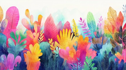 Vibrant illustration of various colorful plants and leaves