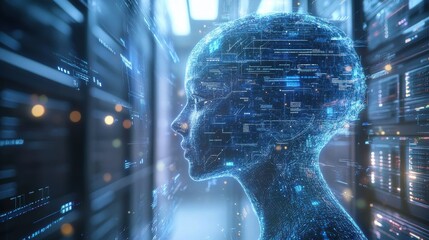 Digital rendering of female head in server room, futuristic mood