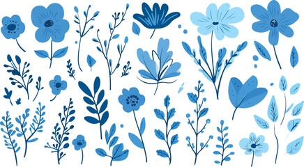 Collection of hand painted watercolor blue flowers and botanical elements on white background
