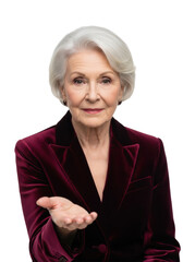 Distinguished senior woman, 70-80, silver hair, deep burgundy velvet blazer, subtle age lines, serene smile, hand open in gentle gesture, white studio, copy space, concept of inviting empathy