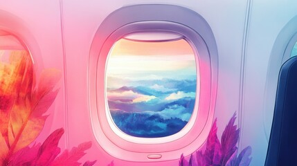 Airplane window view of clouds and mountains at sunset