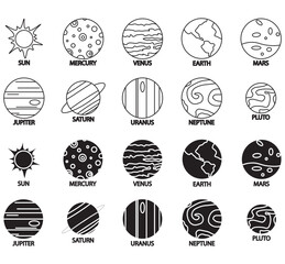 Solar system icon set. Planets icon set. Planet Earth and sun icon. Space background. World symbol. Flat design. Line and glyph art. Simple minimalystic design. solar system planets Icons set.