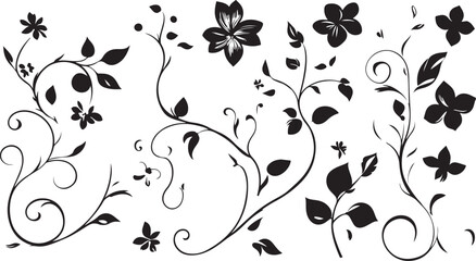Elegant black silhouette of blooming flowers and swirling vines on a white background