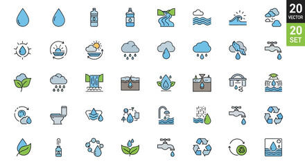 A collection of various water-related icons, illustrating different concepts and uses.