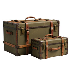Two weathered olive green vintage explorer's trunks with worn leather straps and brass buckles on a transparent studio background, subtle shadows. Concept of historical adventure and discovery
