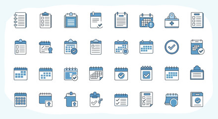 Collection of various blue and white calendar and checklist icons, representing different scheduling and task management tools.