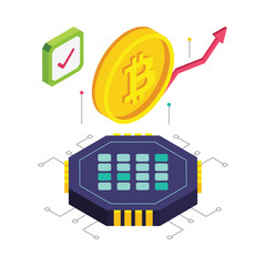 Glowing Bitcoin isometric vector illustration.