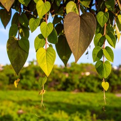 Hanging heart-shaped leaves against a blurred garden background