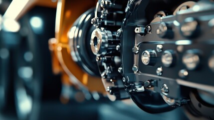 Fototapeta premium Detailed view of industrial engine with gears and bolts indoors