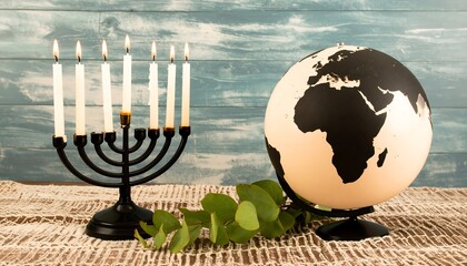 Hanukkah menorah and globe on a textured surface
