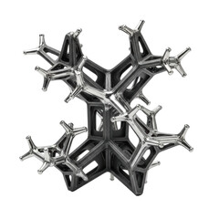 Stark, intricate geometric structures of charcoal gray forged steel and polished metallic silver, resembling stylized plant forms, against a transparent background. Concept of industrial artistry and