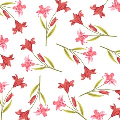 Elegant Floral Seamless Pattern with Vibrant Pink and Red Lily Blooms on a White Background