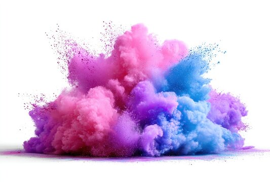 Powder explosion of pink, purple and blue pigment creating abstract clouds against a white background. Vibrant, swirling, dynamic motion