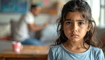 A young girl with a serious expression