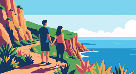 Obraz premium A couple holding hands on a scenic coastal cliff path, looking out at the tranquil ocean view.