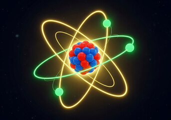 Glowing atomic model with electrons orbiting a nucleus