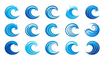 Collection of stylized blue ocean waves