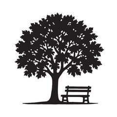 Peaceful silhouette: A striking tree and bench silhouette, evoking tranquility and a serene atmosphere.