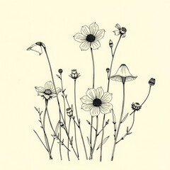 Naklejka premium Vector floral illustration with blooming spring flowers, poppies, and dandelions