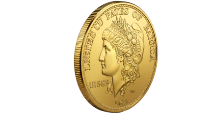 Gold Morgan Dollar coin with text "UNITED STATES OF AMERICA" isolated PNG with Transparent Background