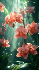 Delicate orchid blossoms illuminated by soft sunlight wallpaper