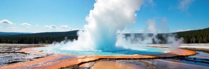 Spectacular geyser erupting, sending scalding water high into the air against a vibrant blue sky A dramatic display of geothermal power in a stunning natural landscape , scenic, ecosystem