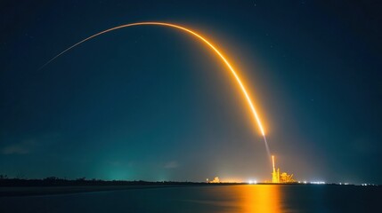 Rocket launching into night sky over coastal launch facility