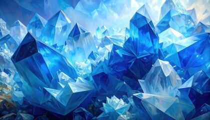 A close-up view of a collection of vibrant blue crystals, showcasing intricate geometric patterns and reflecting light beautifully.