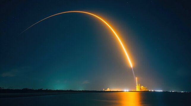 Rocket launching into night sky over coastal launch facility