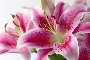 Stargazer Lily. Close Up of Beautiful Pink Blossoms on White Background