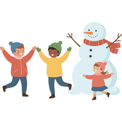 Fototapeta premium Childhood winter adventures: A picture of children of different ethnicities holding hands and smiling as they play around a snowman.