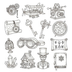 Twelve sepia-toned, intricate line-art icons, blending steampunk and fantasy, like a clockwork monocle and airship, scattered on transparent. Concept of vintage invention and exploration