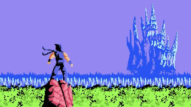 A lone ninja stands atop a jagged cliff, eyes fixed on a distant, ominous enemy lair looming across the valley