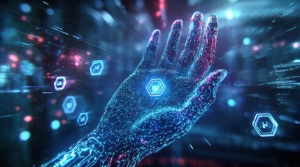 Robotic hand in abstract digital environment with glowing icons