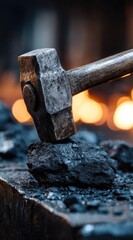 A hammer poised above a dark rock with glowing orange background lights. Hints of an anvil are seen. The scene has a raw, industrial feel