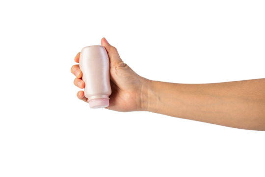Baby talcum powder container in hand on transparent background