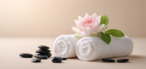 The white spa towels with lotus blossom and stacked massage stones evoking tranquil relaxation