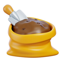 Fertilizer bag with shovel 3d render icon. Farming and gardening concept.