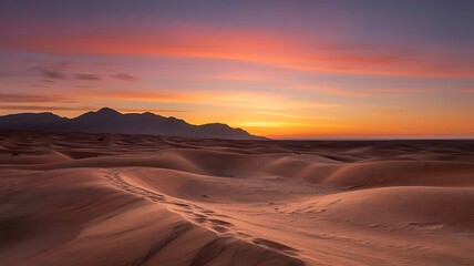 Fototapeta premium Desert background, Stunning sunset over a serene desert landscape with vibrant sand dunes., Stunning desert sunset over vast dunes with vibrant orange sky tranquil landscape,created with generative ai