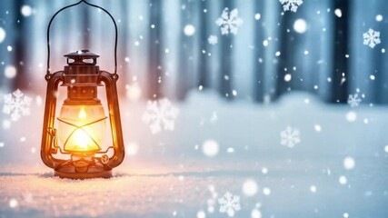 Winter scene with glowing lantern and falling snow christmas holiday background. - Powered by Adobe