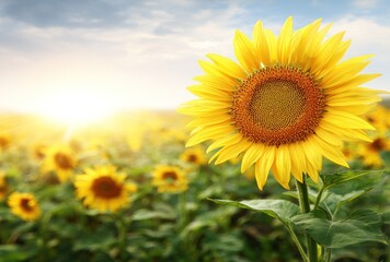 Obraz premium Vibrant sunflowers bloom against a hazy sky, with a radiant sunburst peeking through, illuminating the field